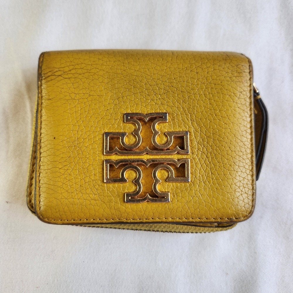 Tory Burch Women Wallet Bifold Big Logo‎ Leather Yellow Round Zip Britten Mini